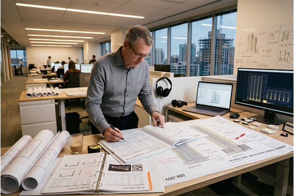 An engineer reviewing an LED data sheet for a large architectural lighting project